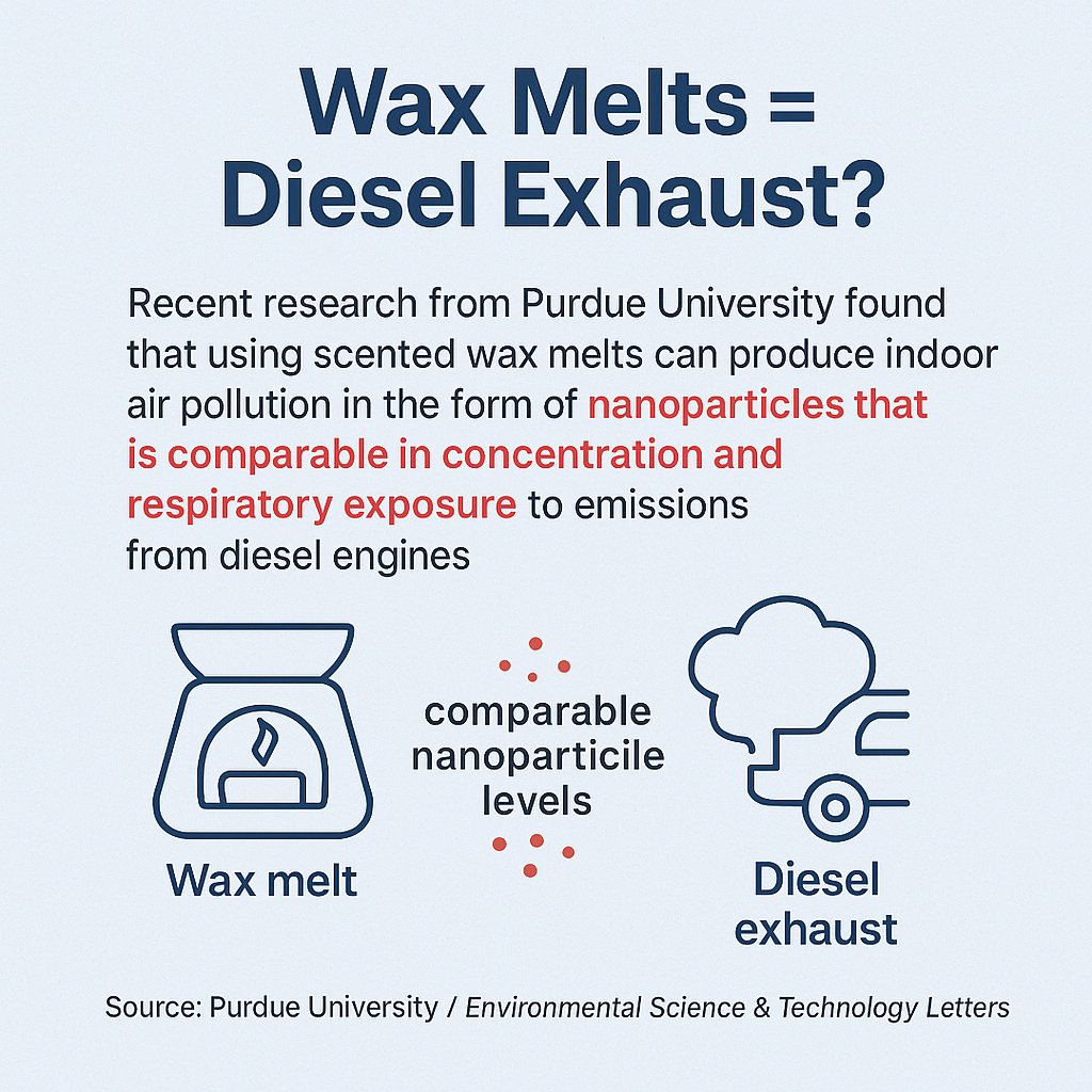 Wax melt emitting particles compared to diesel exhaust, highlighting indoor air pollution and nanoparticle levels from Purdue University research.