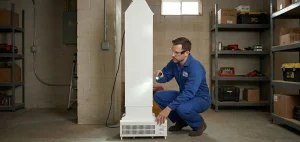 Technician inspecting a home ventilation system during professional installation
