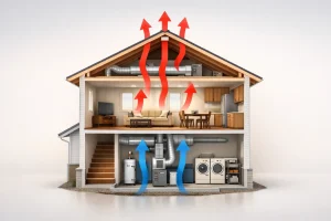 Illustration of stack effect in a house, showing airflow patterns with red arrows indicating rising warm air and blue arrows representing cooler air entering, relevant to basement ventilation and indoor air quality.